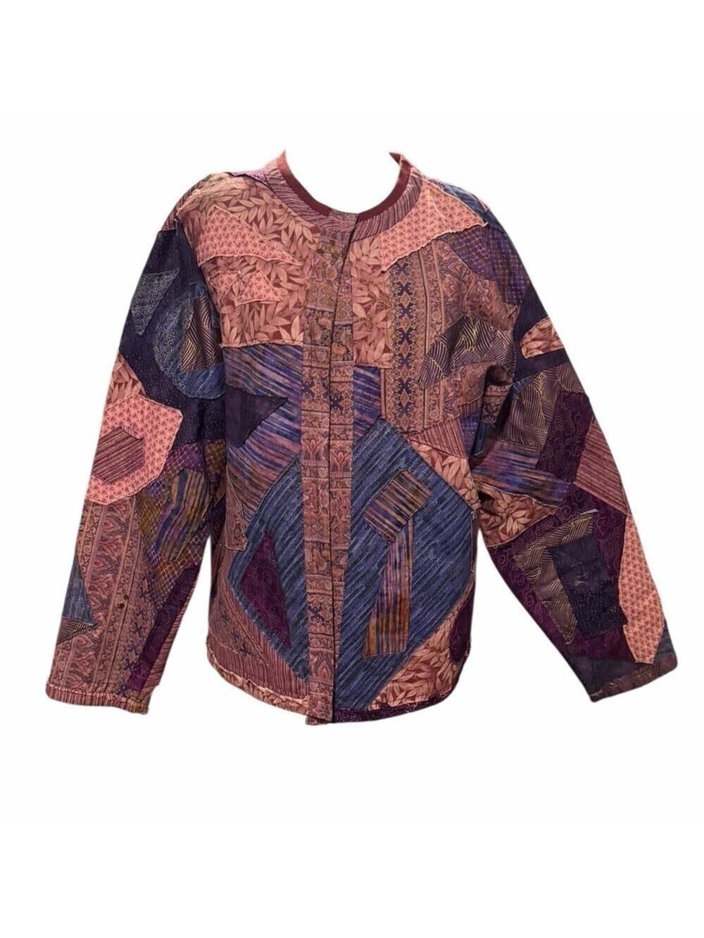 Upcycled Patchwork Quilt Abstract Patches Purples Reworked Open Front Jacket - Picture 2 of 8